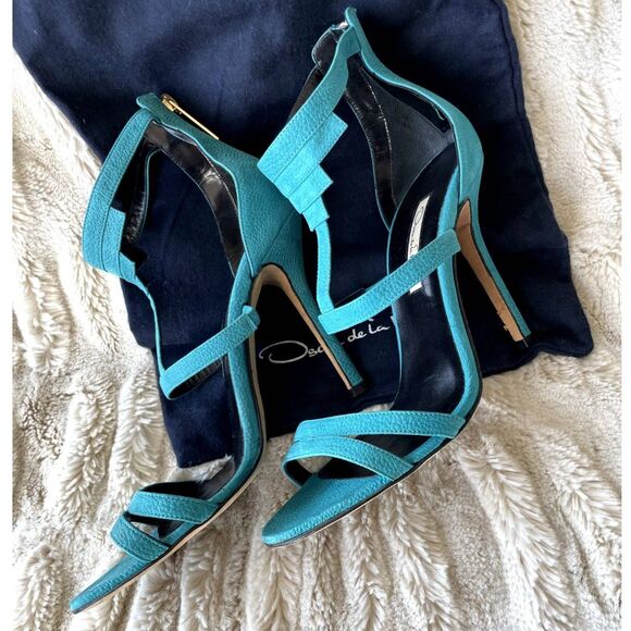 Oscar de la Renta Teal Blue Strappy Stiletto Heels Size 39 / US 8.5 - Picture 5 of 7